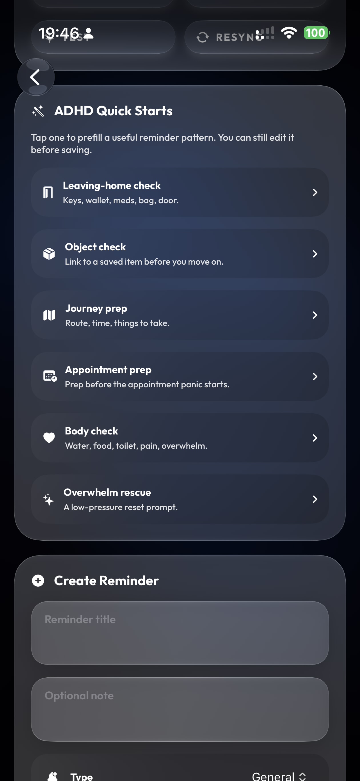 Aethyr ADHD Quick Start reminders on iPhone