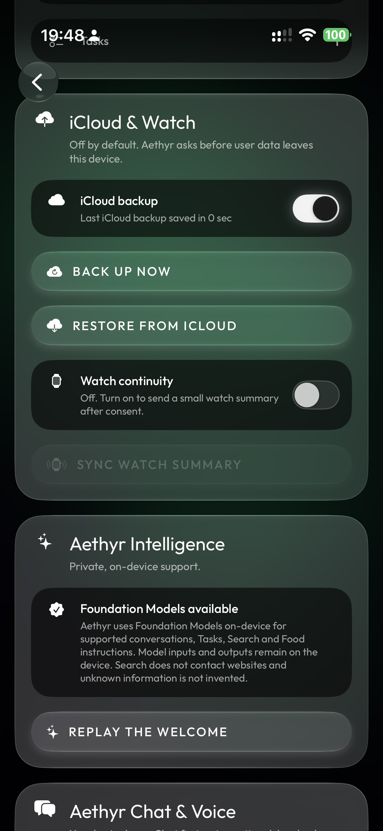 Aethyr Intelligence, iCloud and Watch settings on iPhone