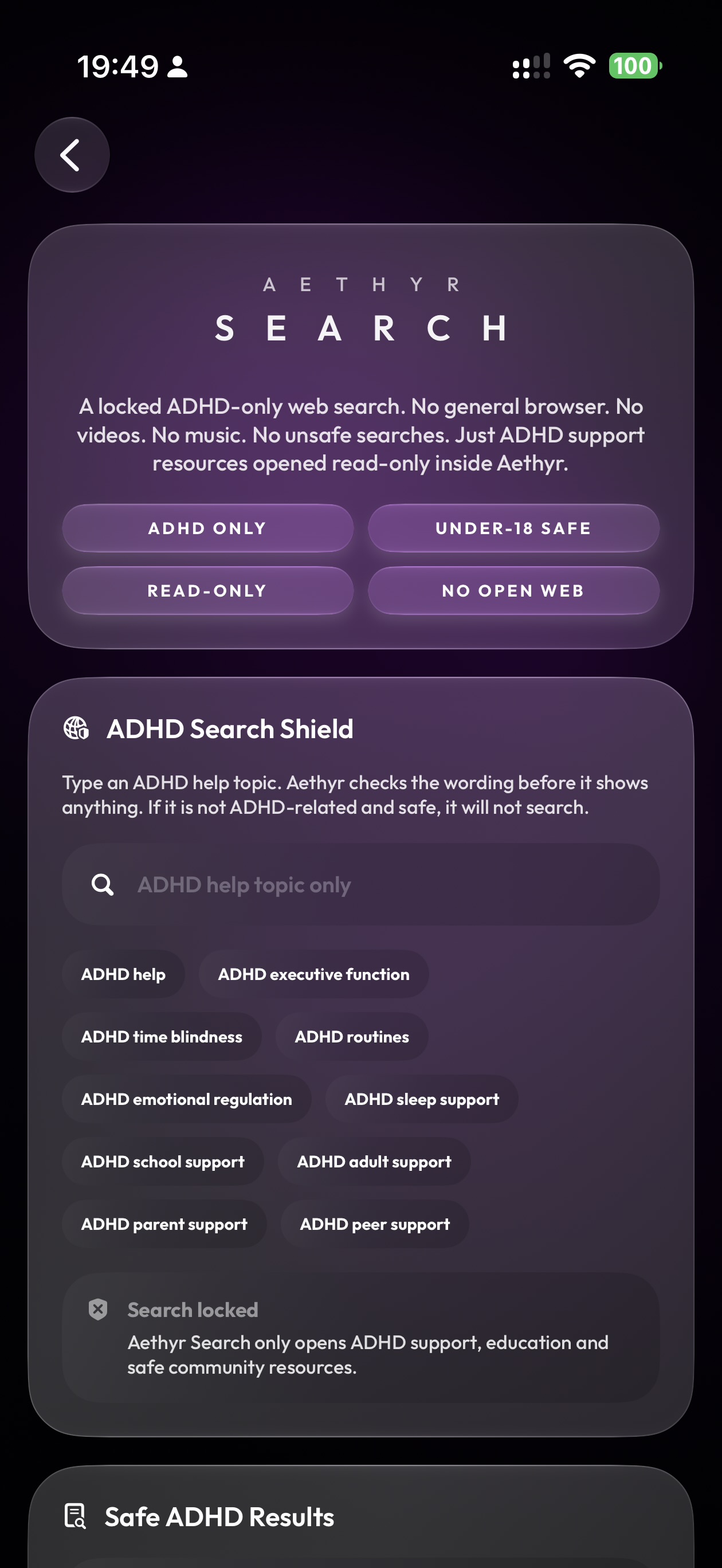 Aethyr Search on iPhone showing the locked ADHD-only search