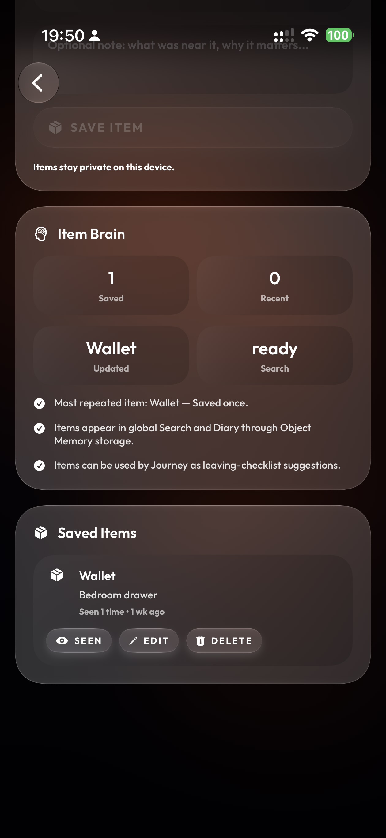 Aethyr Item Brain and saved items on iPhone