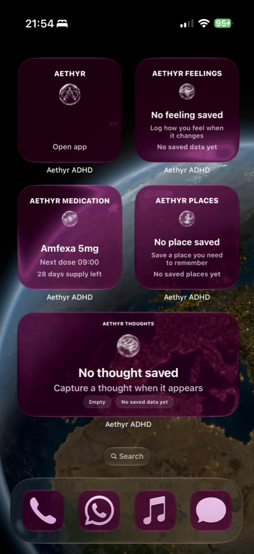 Early Aethyr widgets on a home screen
