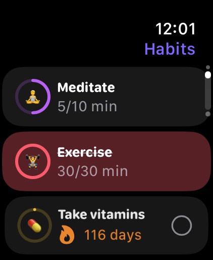 Aethyr Habits list on Apple Watch