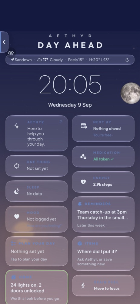 Aethyr Day Ahead at night — weather, clock and the day ahead