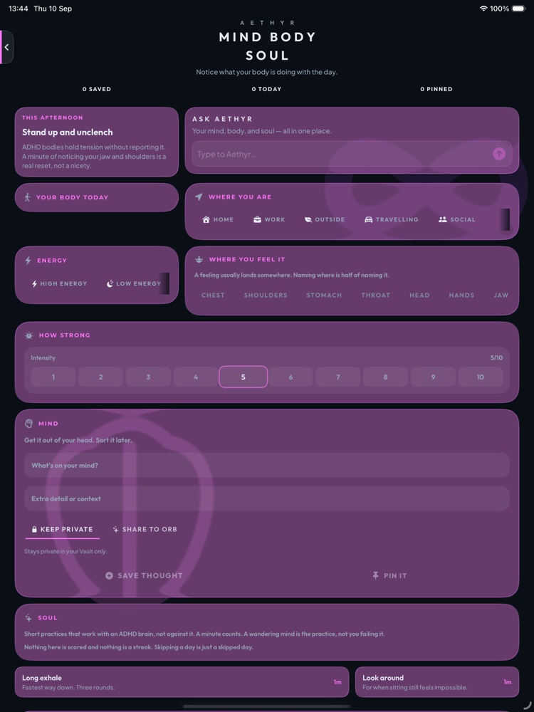 Aethyr Mind Body Soul on iPad — feeling captured with body context