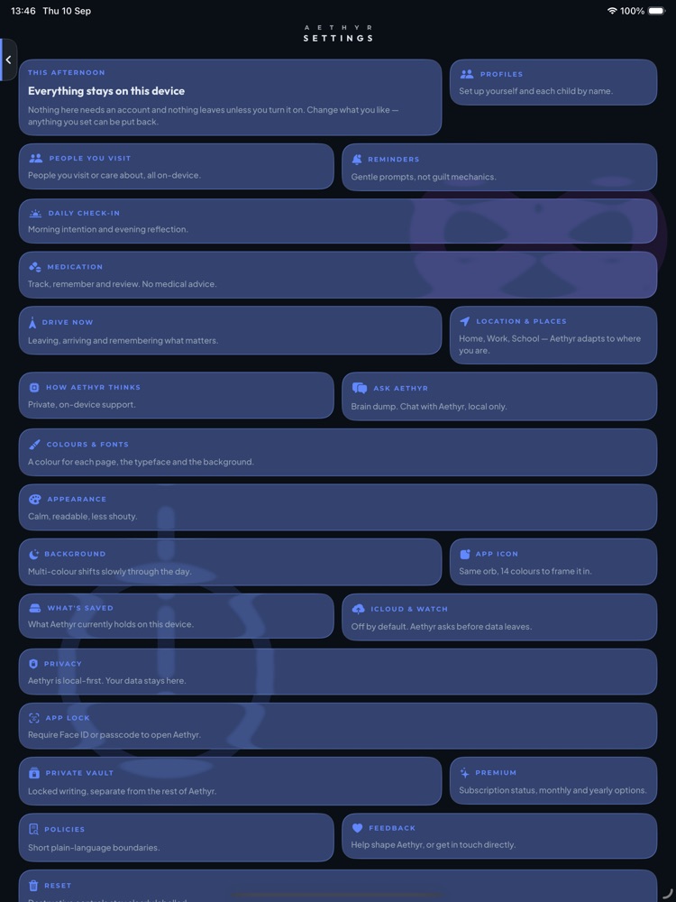 Aethyr Settings on iPad — App Lock, Private Vault, appearance