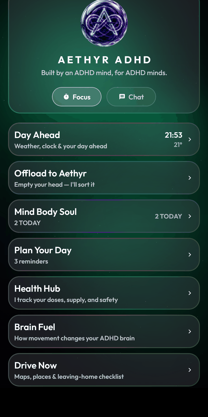 Aethyr ADHD home screen on Android