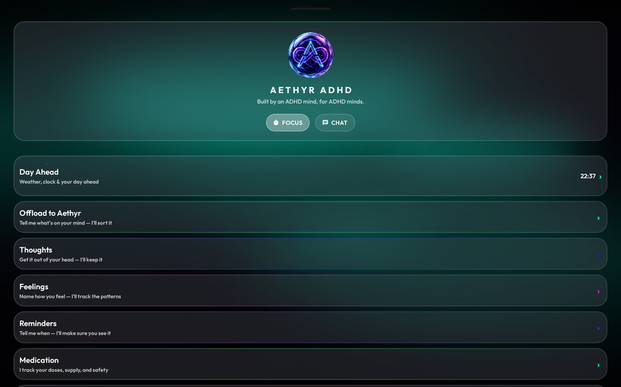 Aethyr ADHD home screen on an Android tablet