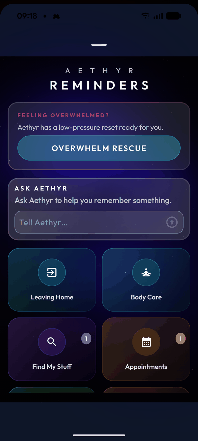 Aethyr ADHD Reminders screen on Android with Leaving Home, Body Care, Find My Stuff and Appointments