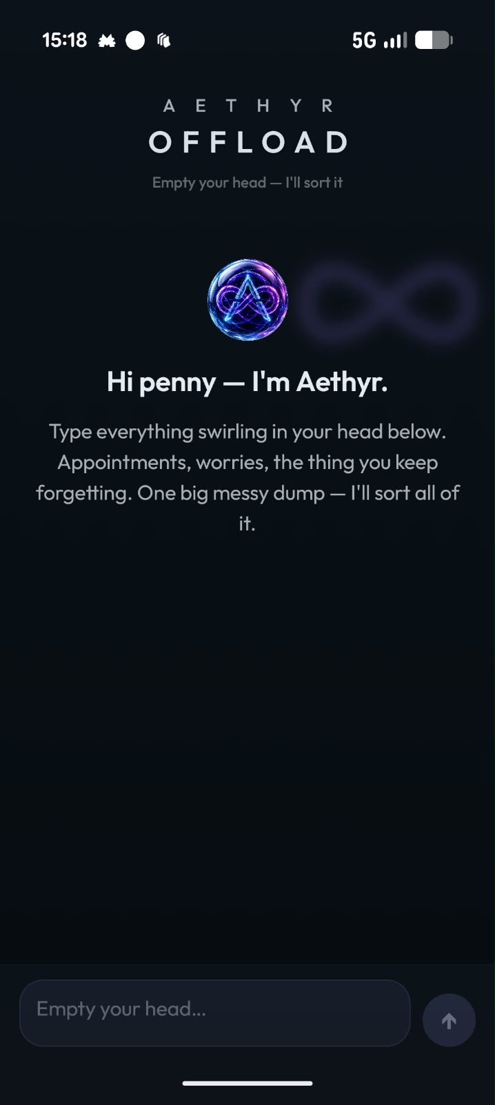Aethyr ADHD Offload screen on Android where you type everything in your head